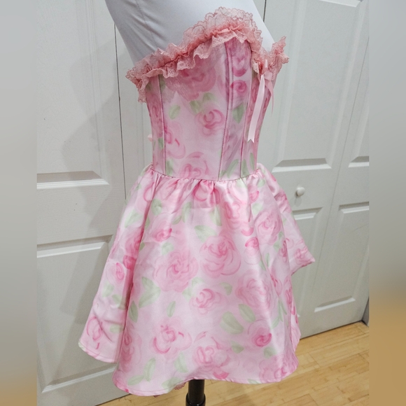 Dolls Kill Sugar Thrillz Forever Fancy Corset Pink Floral Rose Lace Mini Dress S - Picture 4 of 13